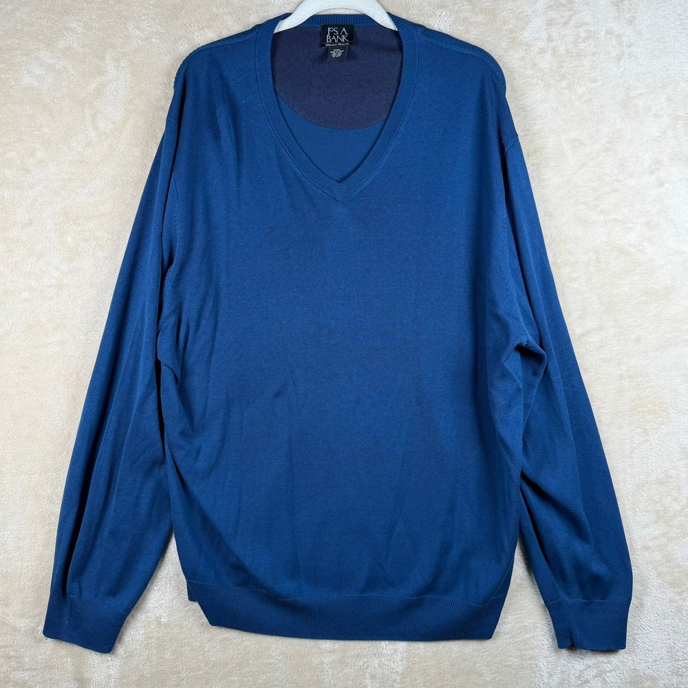 Jos A Bank‎ Signature Collection Mens XXL Blue 100% Silk V-Neck Sweater
